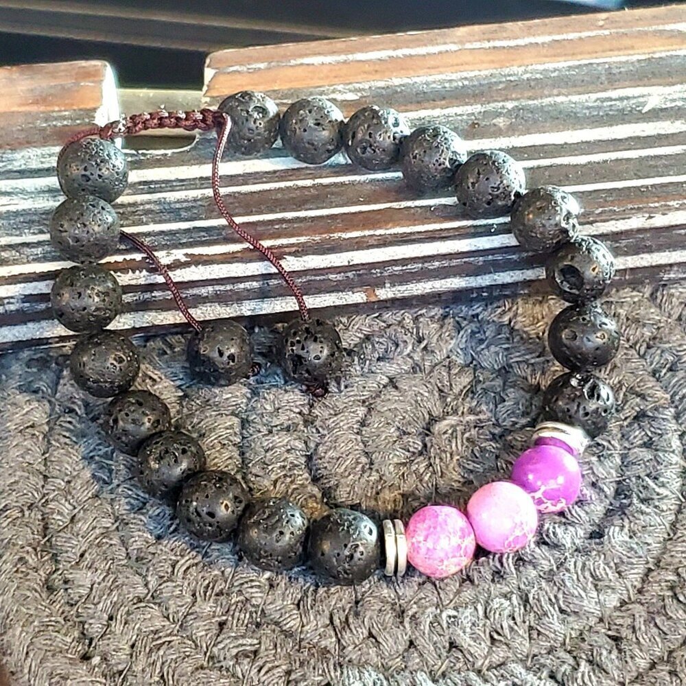 Chakra Bracelet Purple Aqua Terra Jasper Black Lava Stones - Picture 5 of 7